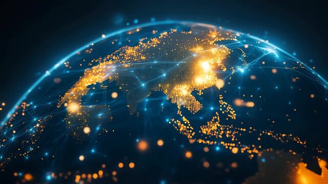 Aerial view of a glowing digital globe with network connections, highlighting Asia. Futuristic video concept with a dynamic, high-tech style. Live desktop wallpaper.