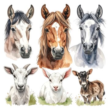 Watercolor portraits of various equines and caprines