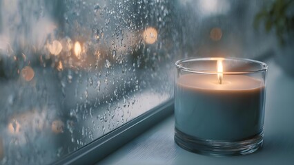 A lit candle in a glass holder on a windowsill, with rain droplets on the window. Concept Candlelit Window Scene, Rain-Dotted Window, Cozy Indoor Still Life, Warm Ambient Glow, Glass Holder Details