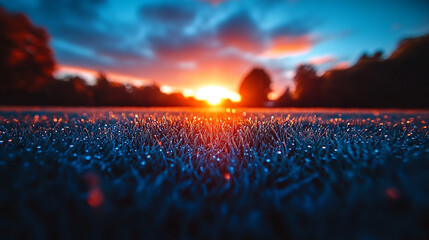Beautiful sunset over a field of grass with a blurred background of trees