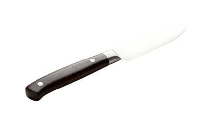Professional kitchen utility knife with a sharp steel blade and dark handle isolated on a white background