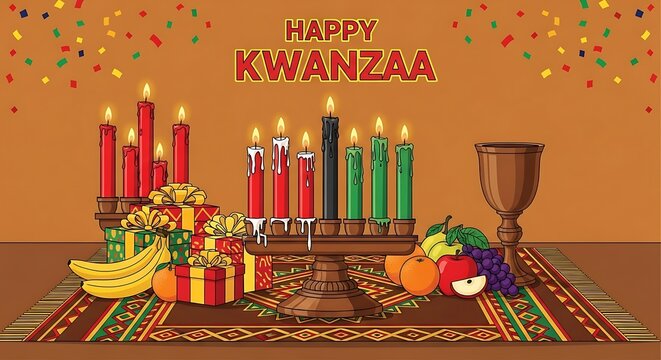 A kwanzaa celebration with candles, gifts, and fruits on a patterned mat