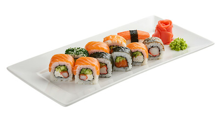 A delicious assortment of fresh Japanese sushi rolls and nigiri served on a white platter