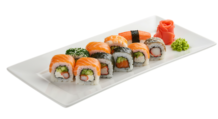 A delicious assortment of fresh Japanese sushi rolls and nigiri served on a white platter