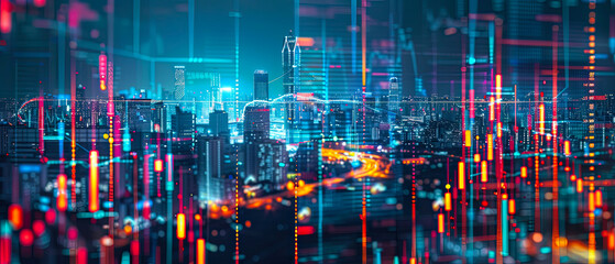 Futuristic city skyline at night with glowing skyscrapers and abstract digital financial graphs overlay. Concept of fintech, smart economy, investment, blockchain, stock market and modern technology.