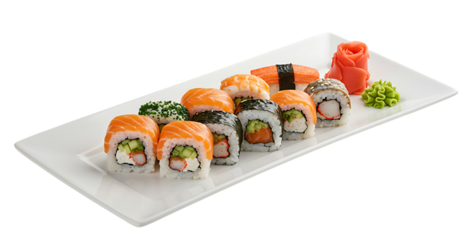 A delicious assortment of fresh Japanese sushi rolls and nigiri served on a white platter