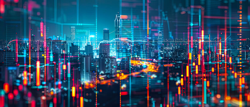 Futuristic city skyline at night with glowing skyscrapers and abstract digital financial graphs overlay. Concept of fintech, smart economy, investment, blockchain, stock market and modern technology.