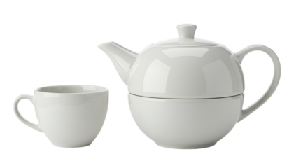 Elegant white ceramic tea for one set with a teapot and matching cup isolated on white background