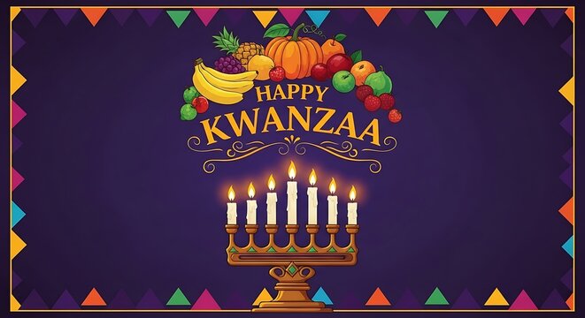 A festive kwanzaa greeting card with fruits, candles, and colorful triangles