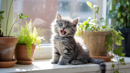 Cute Gray Kitten Sitting on Windowsill Surrounded by Houseplants in Natural Sunlight