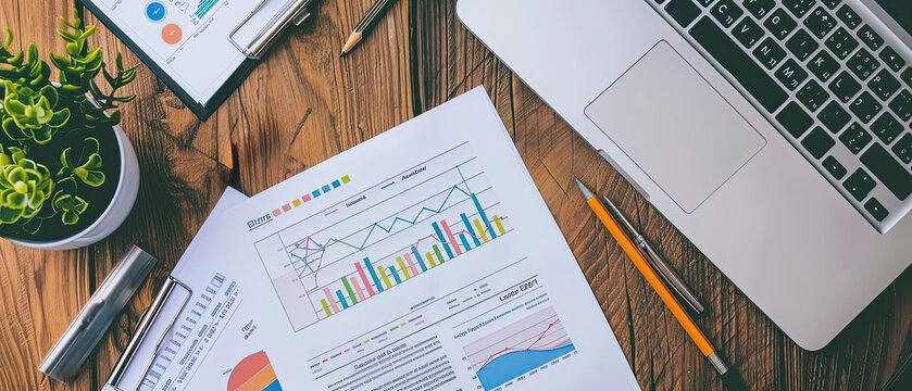 Top view of business financial reports with bar charts, pie graphs, and line analytics on a wooden desk. Laptop, notebook, glasses, and coffee cup in office setting. Concept of finance, data analysis.