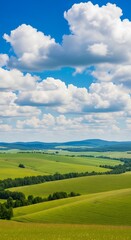 Fototapeta premium Rolling Green Hills Under a Blue Sky with Fluffy Clouds.