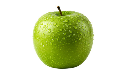 A single fresh and crisp green apple covered in morning dew droplets on a clean white background