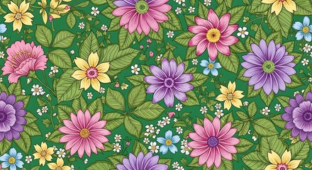 Fototapeta premium Floral Pattern with Vibrant Daisies and Green Leaves, Seamless Design.