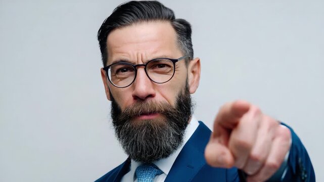 A Confident Man with a Beard and Glasses Directs Attention with a Pointing Gesture, Showcasing Authority and Leadership in a Professional Setting