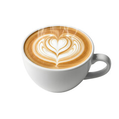 Steaming Heart Latte Art Coffee Cup with Creamy Foam Isolated on Black Background cappuccino