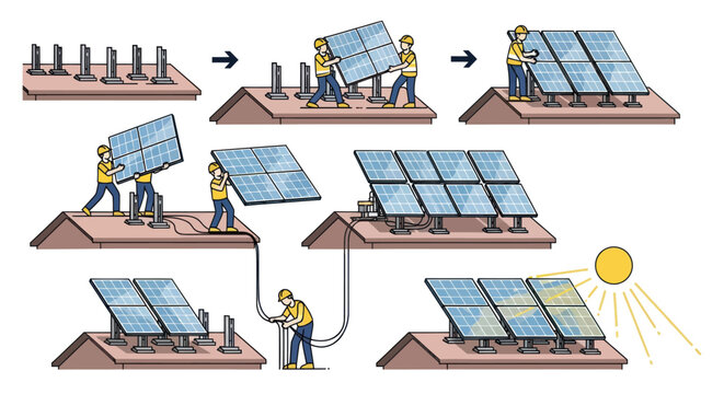 Illustration of Solar Panel Installation Process on a Rooftop.
