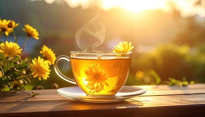 Steaming Herbal Tea in a Glass Cup with Yellow Flowers and Golden Sunlight Outdoors