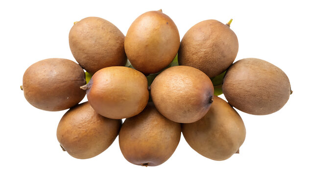 Top down view of a cluster of ripe sapodilla fruits on white