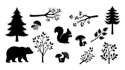 Black and White Vector Silhouettes of Forest Animals and Trees