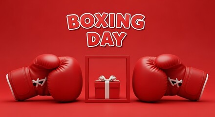 Festive boxing day illustration with boxing gloves and a gift box on red background