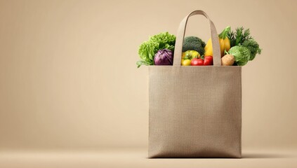 A light beige reusable shopping bag is filled with colorful fresh produce.
