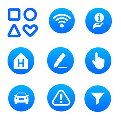 Collection of modern blue circle icons representing various functions and symbols