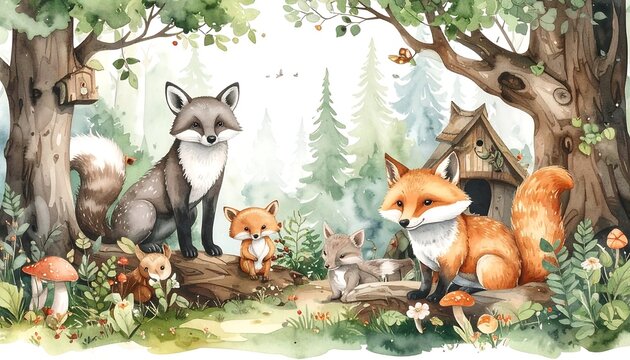 Watercolor scene of foxes and forest critters in a woodland setting