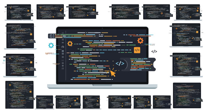 Laptop Displaying Code with Cursor and Multiple Code Windows.