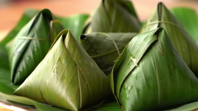 Steamed banana leaf parcels with closeup.
