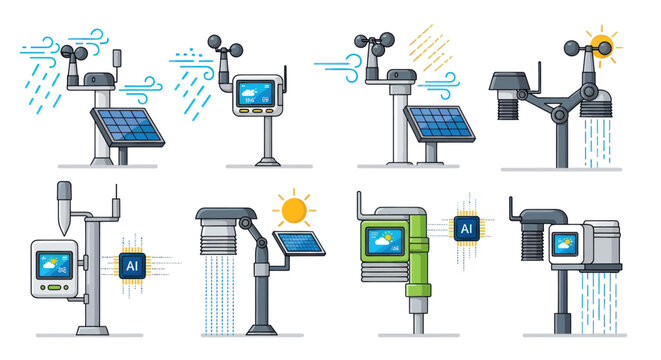 Weather Station Icons with Sensors and Solar Panels.