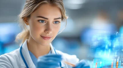 Female Scientist in Laboratory Analyzing Sample with Digital Technology and Graphs in Background