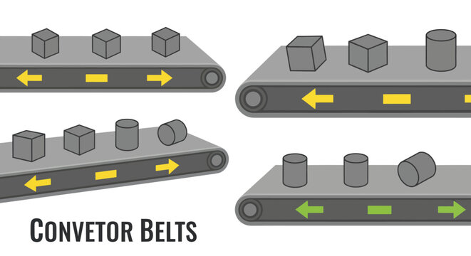 Conveyor Belts with Cubes and Cylinders Moving in Different Directions.