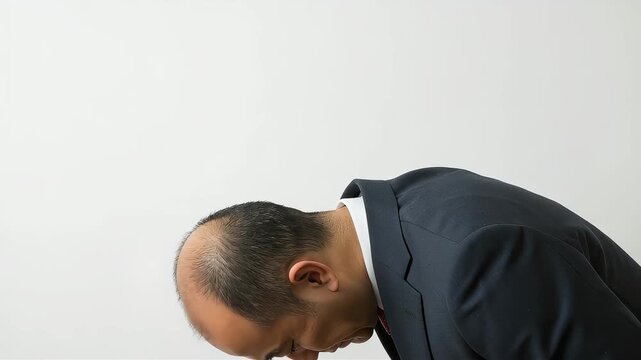 失敗を深く反省し、苦渋の表情で頭を下げて謝罪するスーツ姿の中年男性のクローズアップ
