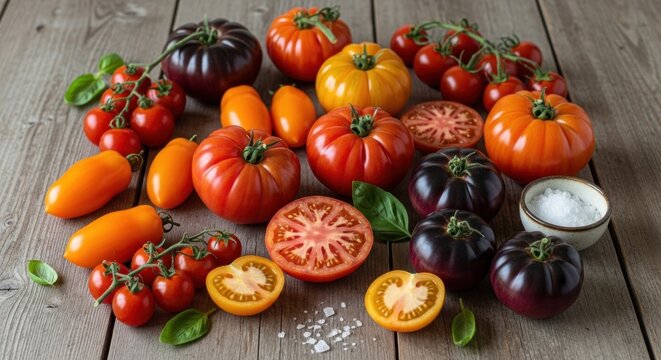 A variety of heirloom tomatoes and cherry tomatoes on a wooden table. - Powered by Adobe