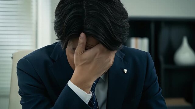 仕事の失敗やプレッシャーに耐えきれず、顔を手で覆い、苦悩するスーツ姿の若い男性ビジネスマン