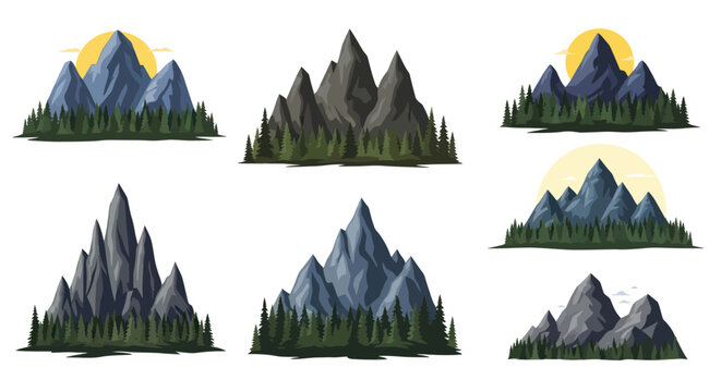 Collection of Stylized Mountain Ranges with Pine Forests and Sunsets.