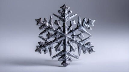 Silver snowflake decoration standing on white background