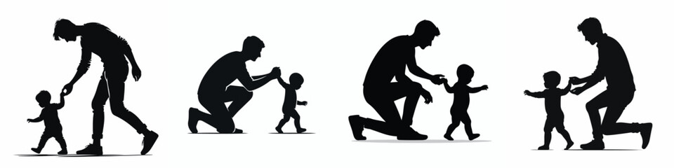 vector silhouette of father training baby to walk