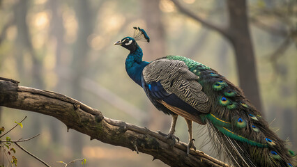 Obraz premium Peacock on branch, blue and green feathers, wildlife photography, forest animal, exotic bird
