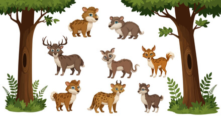 Fototapeta premium A charming collection of diverse cartoon forest animals standing amidst trees and foliage.
