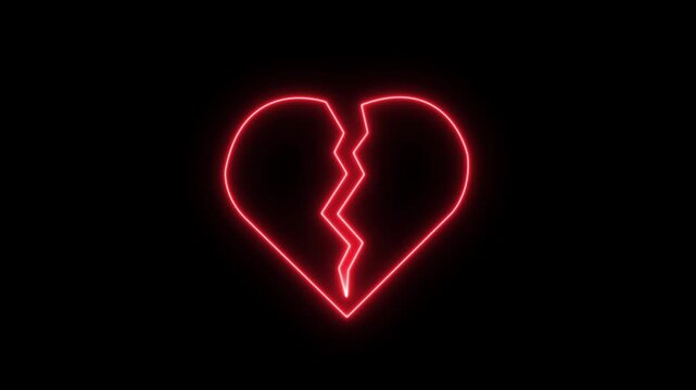 Abstract glowing broken heart into two halves icon animation with black background.Broken Heart Icon