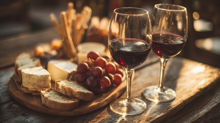 Red wine glasses with cheese board and grapes