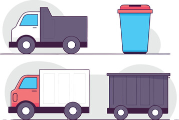 White and coral trucks with blue windows and purple cargo next to a blue and coral cup vehicle