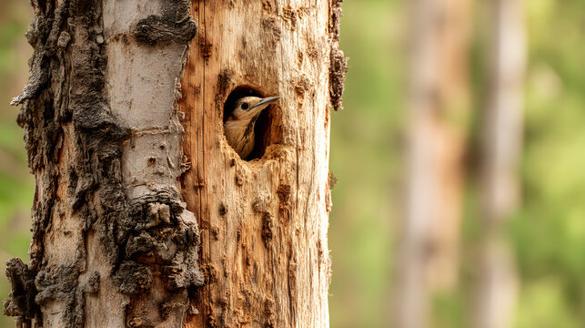 Woodpecker fledgling peering from tree cavity nest