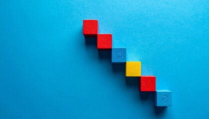 Eight small wooden cubes in diagonal line with red, blue, and yellow pattern on blue surface