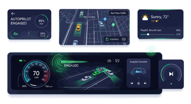 Modern Digital Car Dashboard Infotainment System Screens with Navigation and Autonomous Features.