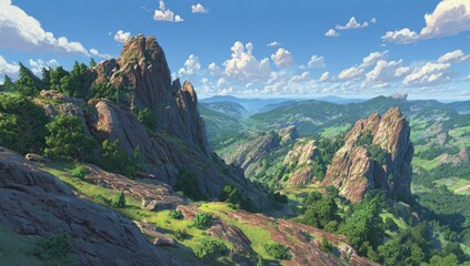 Fototapeta premium Panoramic mountain vista, rocky peaks, lush valley, sunny day