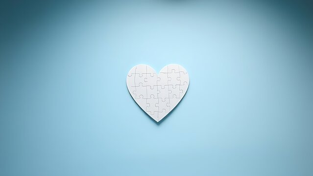 Heart-shaped puzzle on a light blue background, symbolizing autism awareness with soft overhead light. - Powered by Adobe