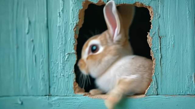 Rabbit curiously peeking through a hole in a vintage wooden wall during the day